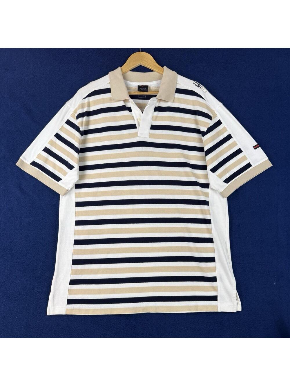 Y2K Fubu Collection Striped Rugby Polo Shirt Beige Size L Y2K Streetwear Hippop